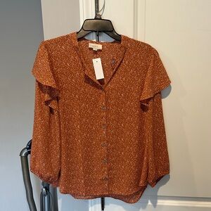 LOFT Rust Speckled Button-Front Ruffle Sleeve Top